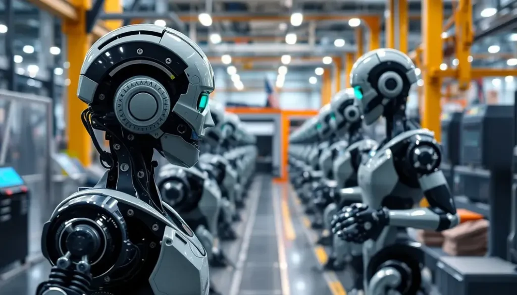 A high-tech autonomous factory scene showing various robots equipped with AI technology working harmoniously.