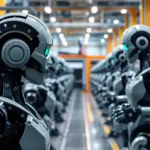 A high-tech autonomous factory scene showing various robots equipped with AI technology working harmoniously.