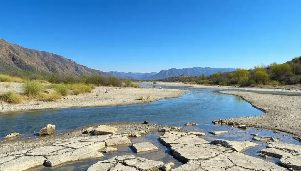 A dried riverbed and wilting plants indicative of climate change, representing the need for innovative solutions through AI.