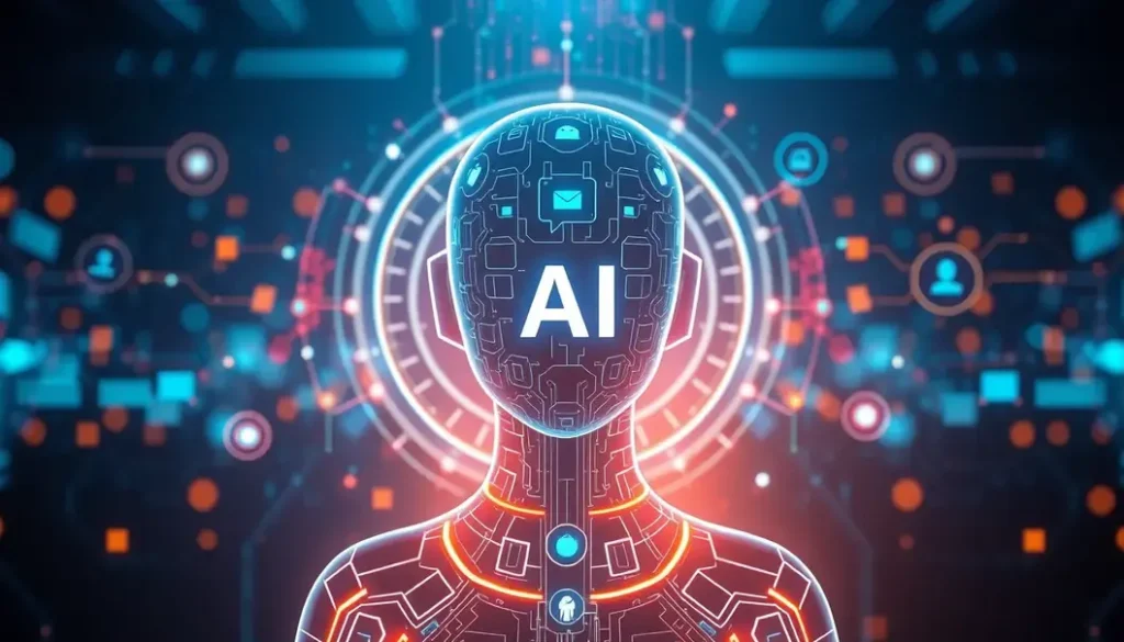 Futuristic representation of an AI virtual assistant, emphasizing AI algorithms and user interaction.