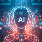 Futuristic representation of an AI virtual assistant, emphasizing AI algorithms and user interaction.