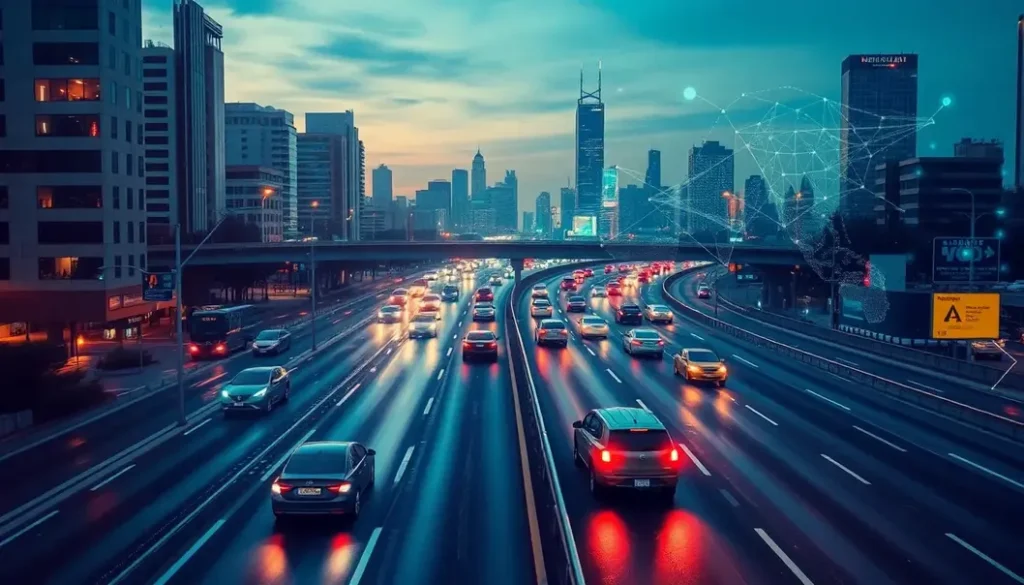 Composite image showcasing autonomous vehicles utilizing AI data analytics on urban highways.