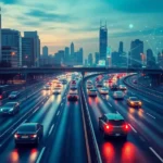 Composite image showcasing autonomous vehicles utilizing AI data analytics on urban highways.