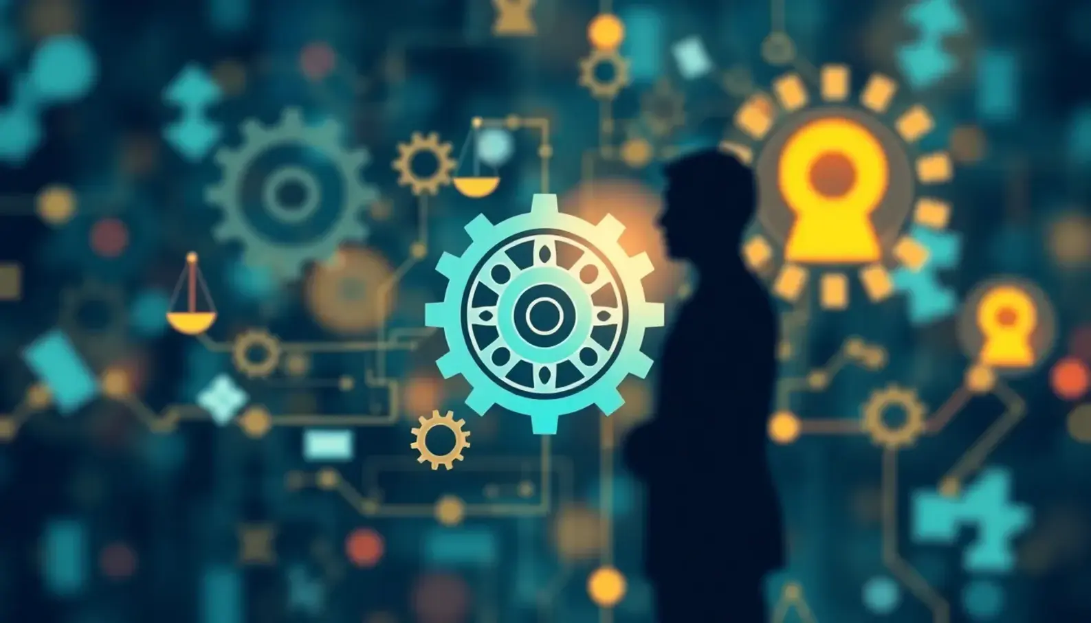 A digital representation of various ethical frameworks intersecting with AI technologies.