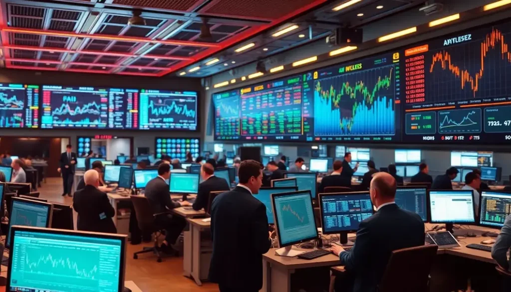 A futuristic trading environment showing traders and advanced AI analytics systems.