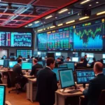 A futuristic trading environment showing traders and advanced AI analytics systems.