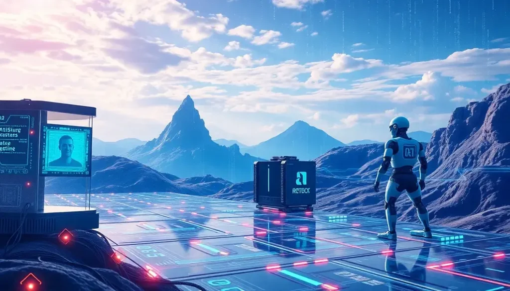 A futuristic landscape depicting quantum computing hardware with AI robots engaged in data processing.
