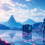 A futuristic landscape depicting quantum computing hardware with AI robots engaged in data processing.