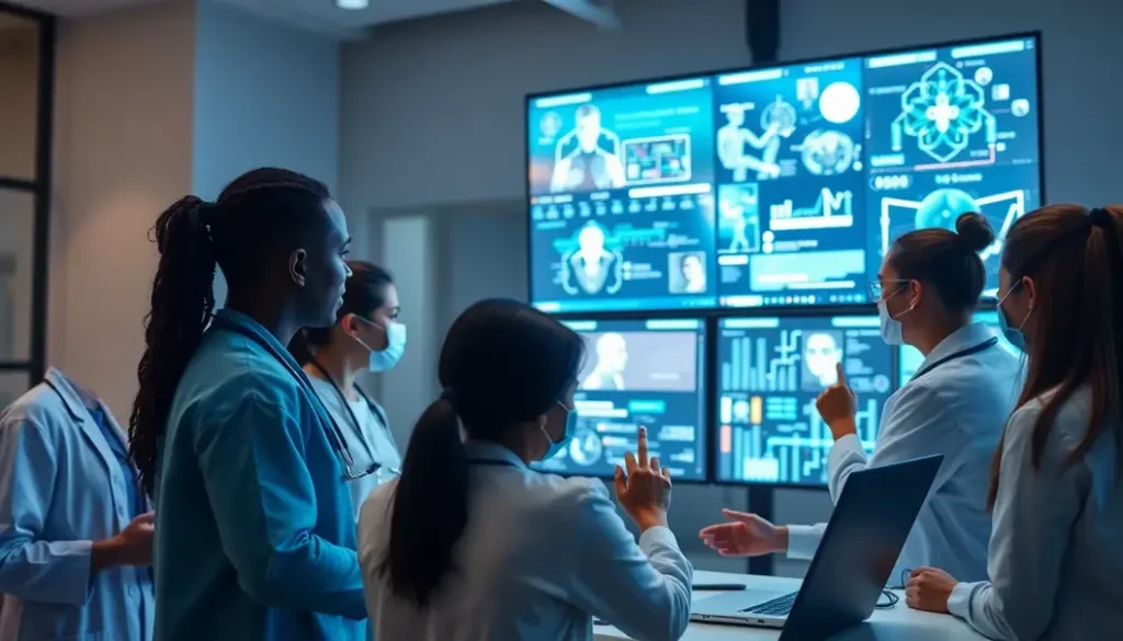 A group of healthcare professionals working together with AI technologies.