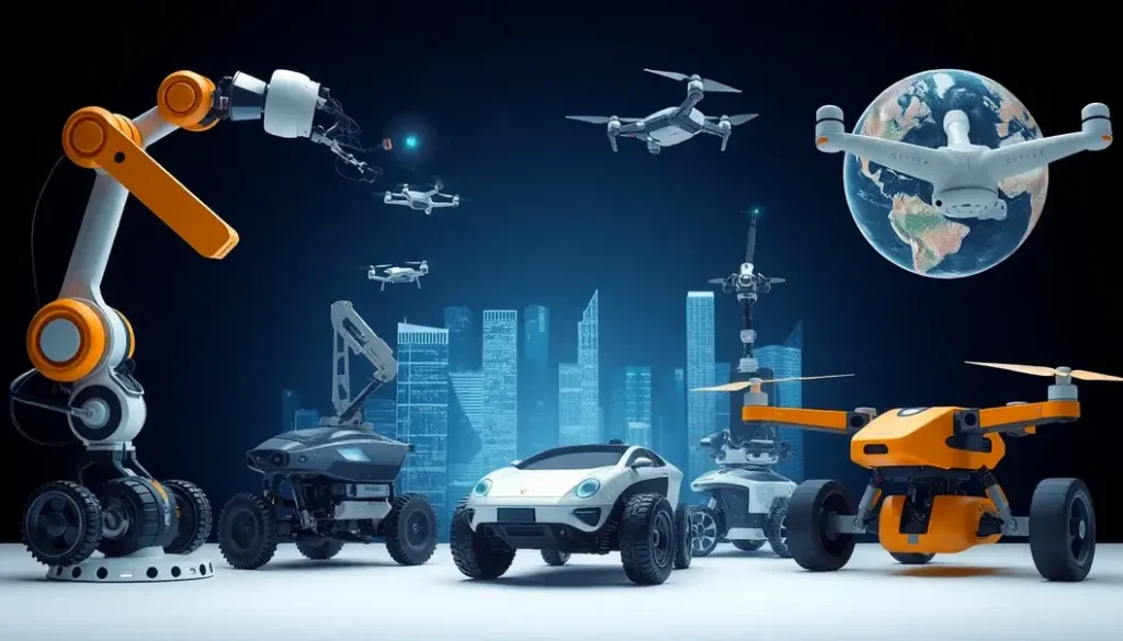 A collage showing robotic systems such as a robotic arm, autonomous vehicle, and drone, united by Reinforcement Learning technologies.