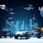 A collage showing robotic systems such as a robotic arm, autonomous vehicle, and drone, united by Reinforcement Learning technologies.