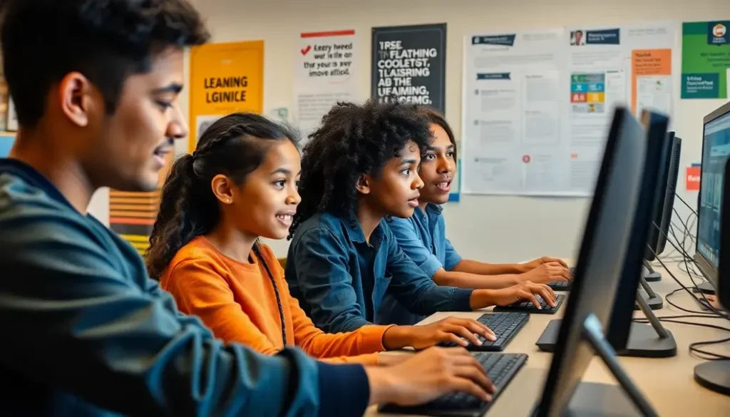 A diverse group of students engaged in collaborative learning at computers using AI educational tools.