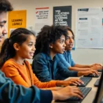 A diverse group of students engaged in collaborative learning at computers using AI educational tools.