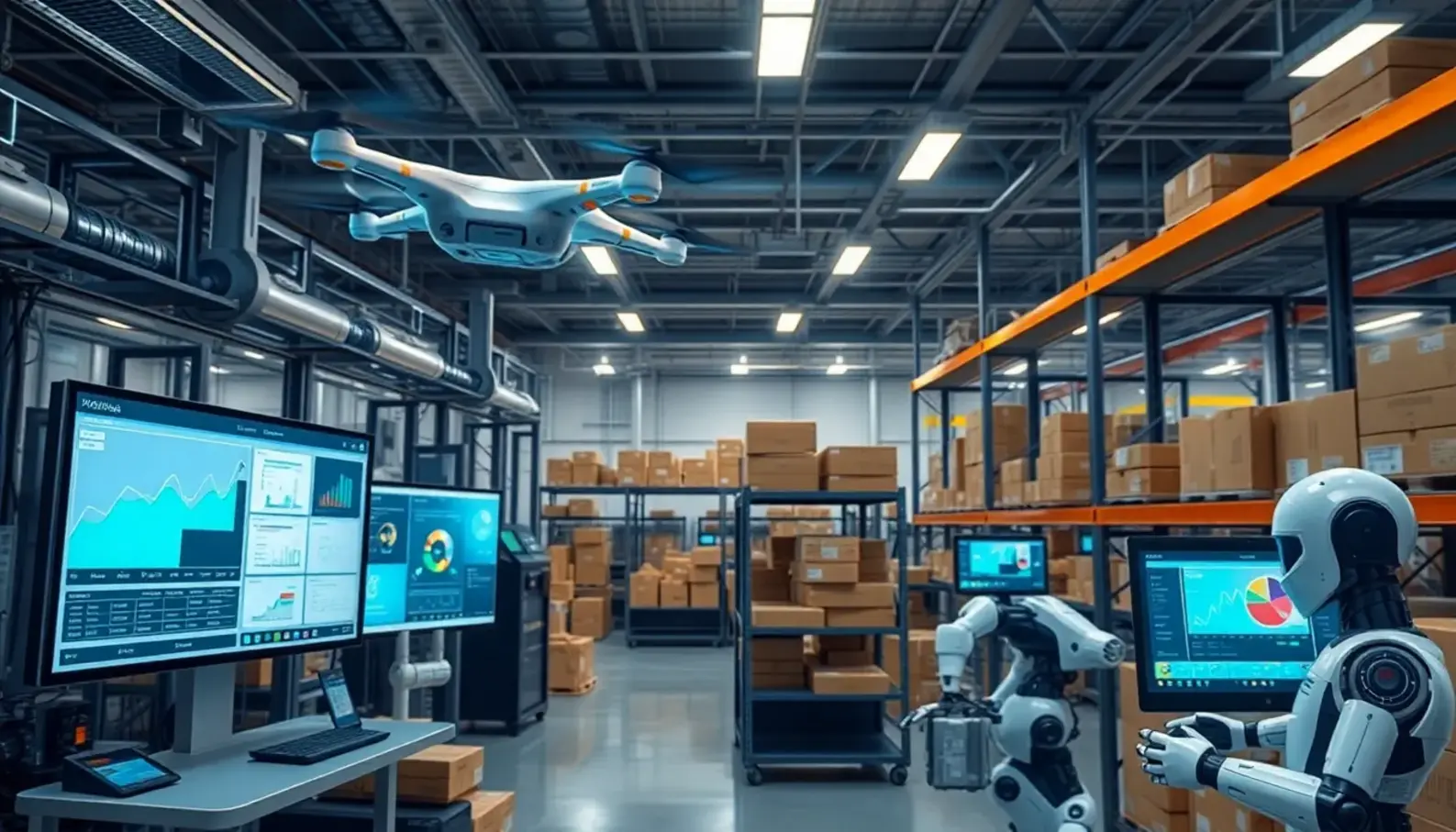 A modern supply chain hub showcasing AI-driven automation and logistics.