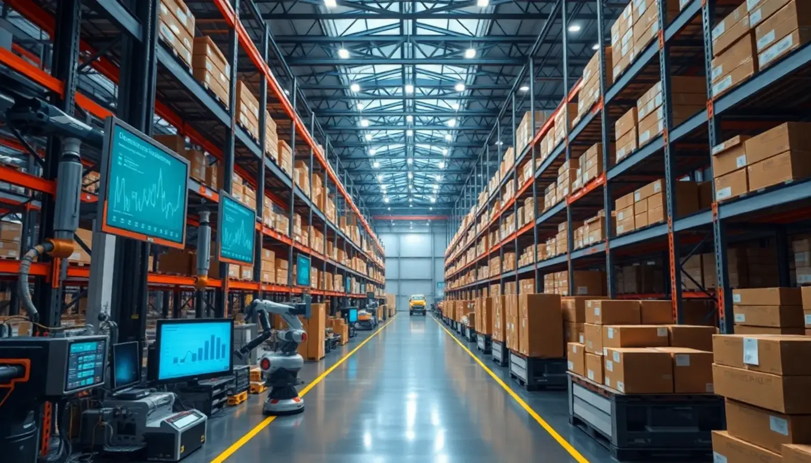 Futuristic warehouse powered by AI-driven logistics technology.