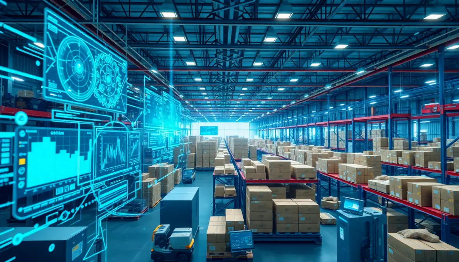 Visualization of AI-integrated supply chain management with real-time data analytics.