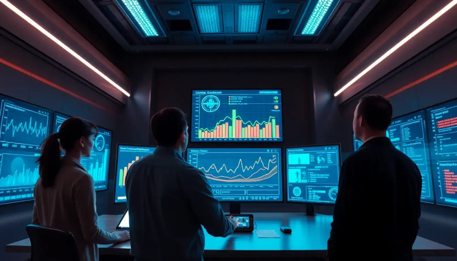 A digital control room showcasing AI applications in supply chain monitoring.