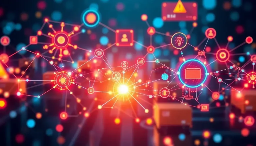 An artistic representation of an AI-enhanced supply chain, showing interconnected systems and technologies optimizing logistics.