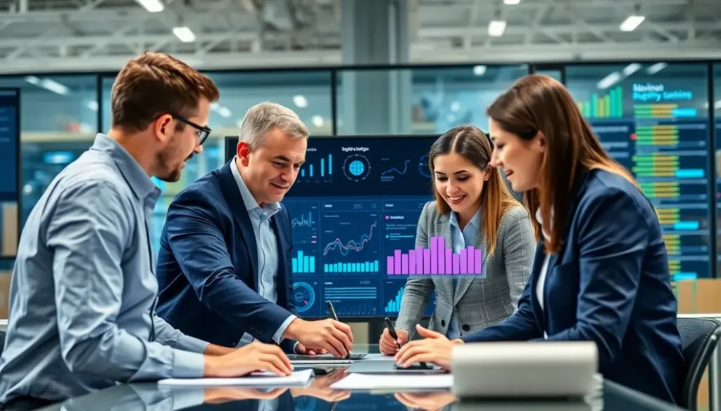 A team working together in a high-tech environment analyzing AI data for supply chain management.
