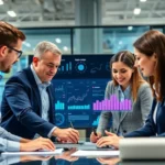 A team working together in a high-tech environment analyzing AI data for supply chain management.