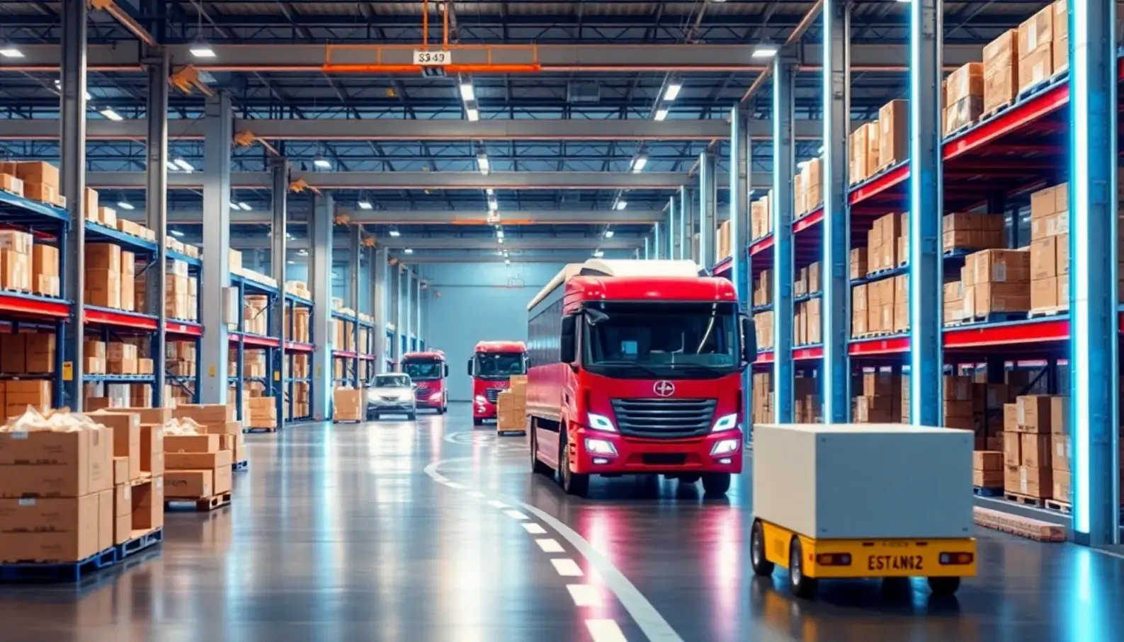 A modern supply chain hub showcasing AI-driven automation and logistics.