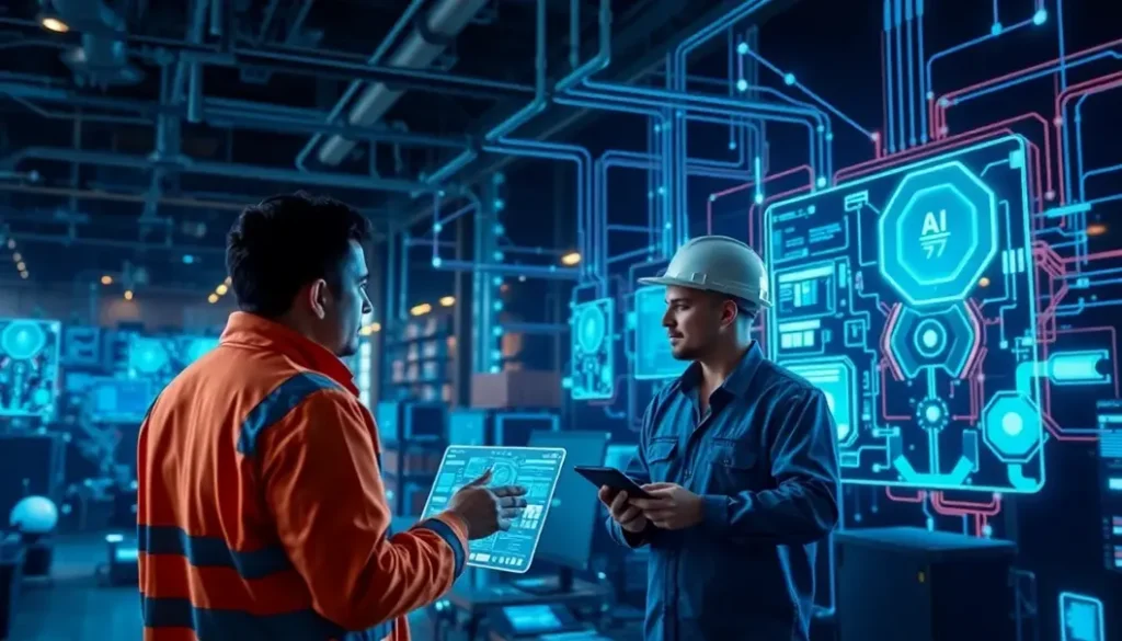 A digital visualization showing engineers working together in an AI-optimized supply chain environment.
