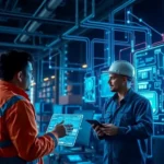 A digital visualization showing engineers working together in an AI-optimized supply chain environment.