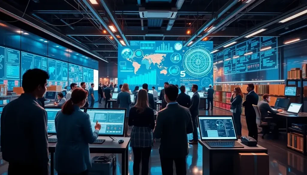 A high-tech supply chain operation demonstrating active AI applications with teams discussing strategy around digital interfaces.