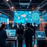 A high-tech supply chain operation demonstrating active AI applications with teams discussing strategy around digital interfaces.