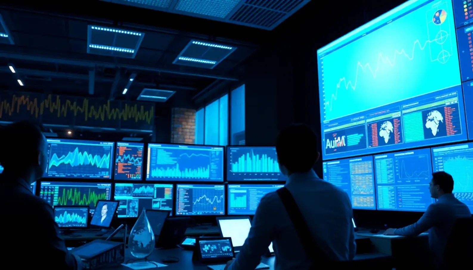 A modern control room displaying AI technology’s role in supply chain management.