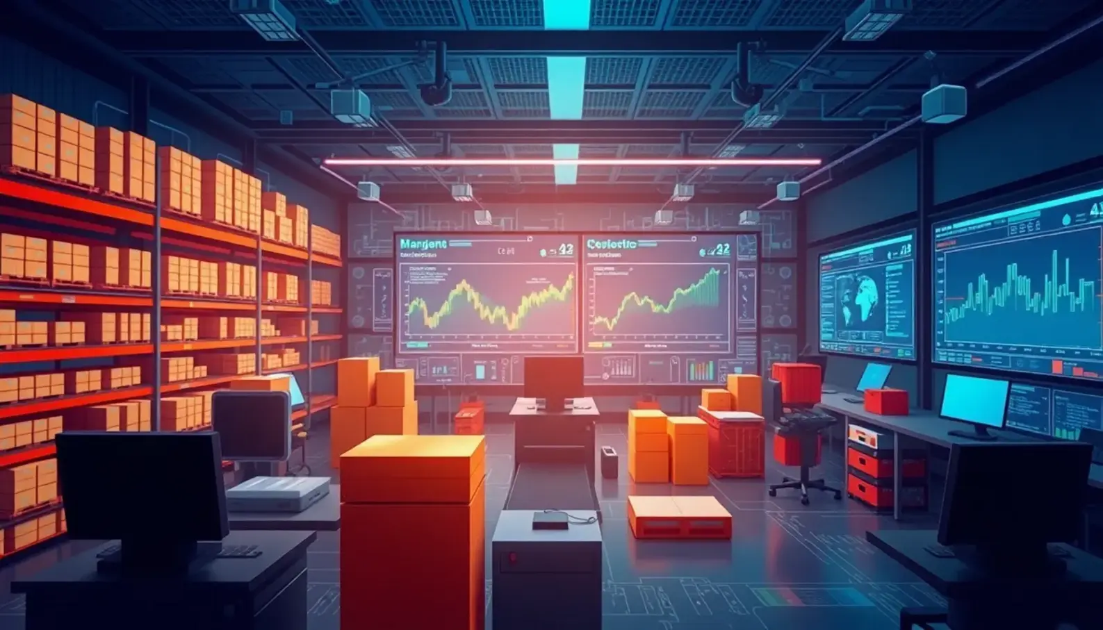 AI-driven supply chain control center with multiple analytics dashboards.