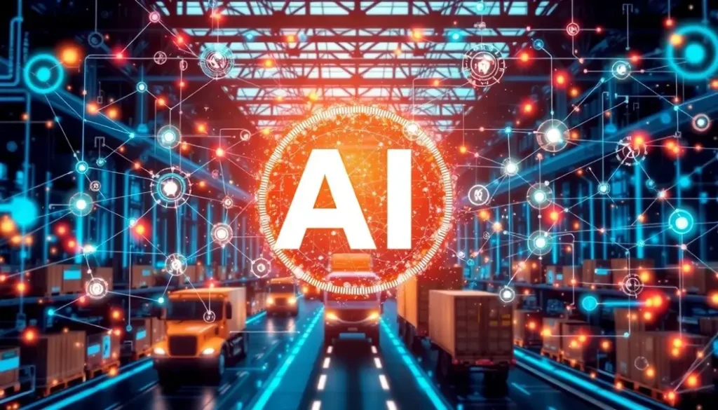 An illustrative image depicting the interconnected role of AI in supply chain management, highlighting technology, logistics, and data analysis.