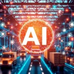 An illustrative image depicting the interconnected role of AI in supply chain management, highlighting technology, logistics, and data analysis.
