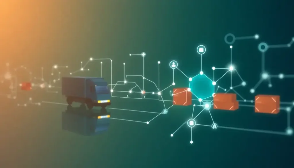 A representation of AI integrated within the supply chain emphasizing data flow and compliance monitoring.