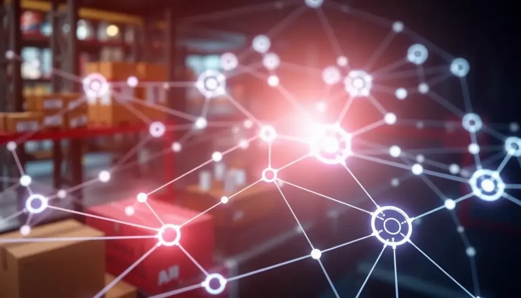 A network diagram showing AI technologies integrated into supply chain management.