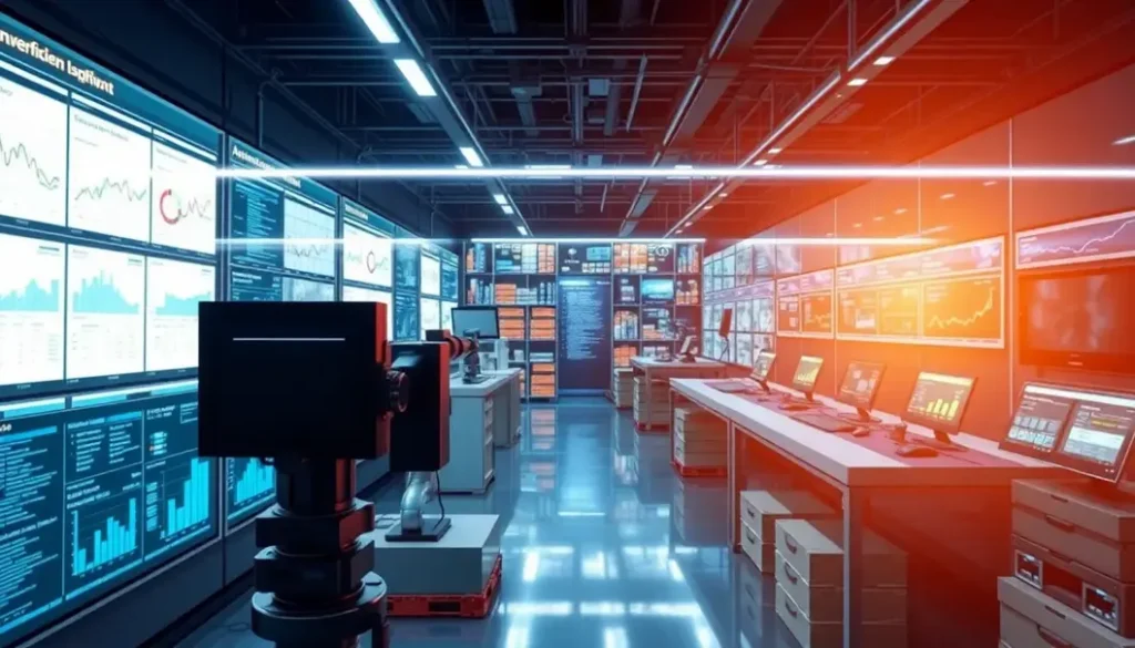 A high-tech supply chain operation center with AI analytics and automation.