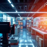 A high-tech supply chain operation center with AI analytics and automation.