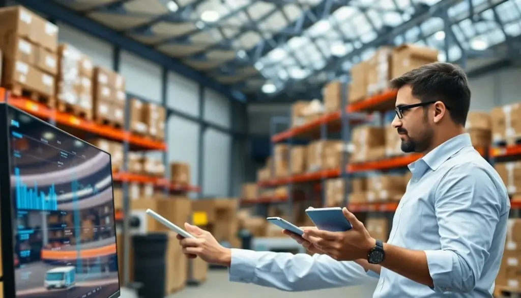 professionals collaborating with AI solutions in a modern supply chain environment