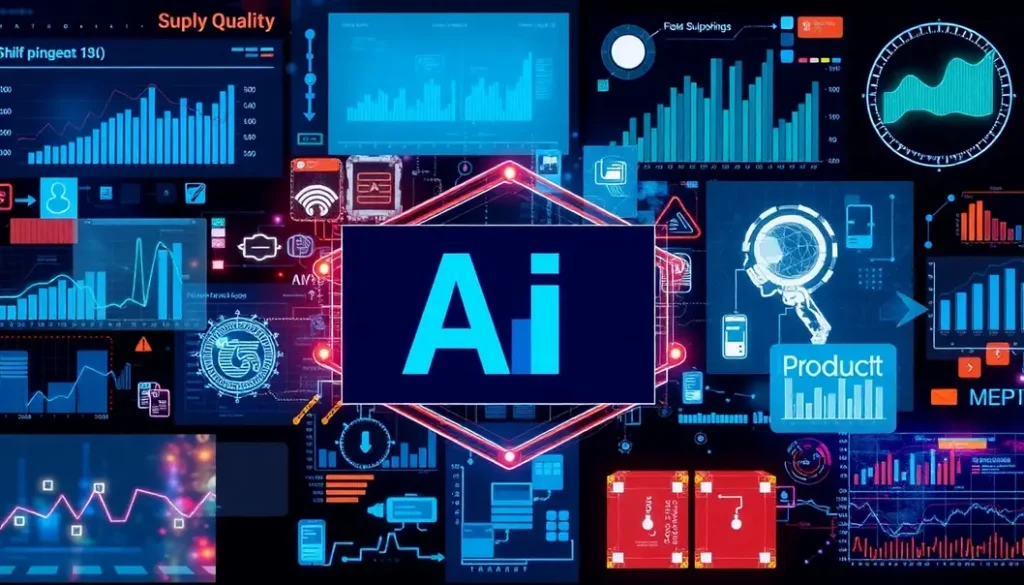 A collage of AI elements improving supply chain quality with graphs and product visuals.