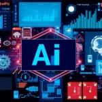 A collage of AI elements improving supply chain quality with graphs and product visuals.