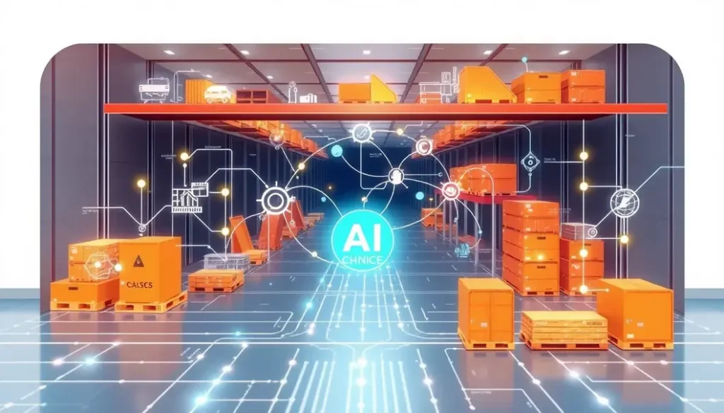An interconnected visual of supply chain processes enhanced by AI technology.