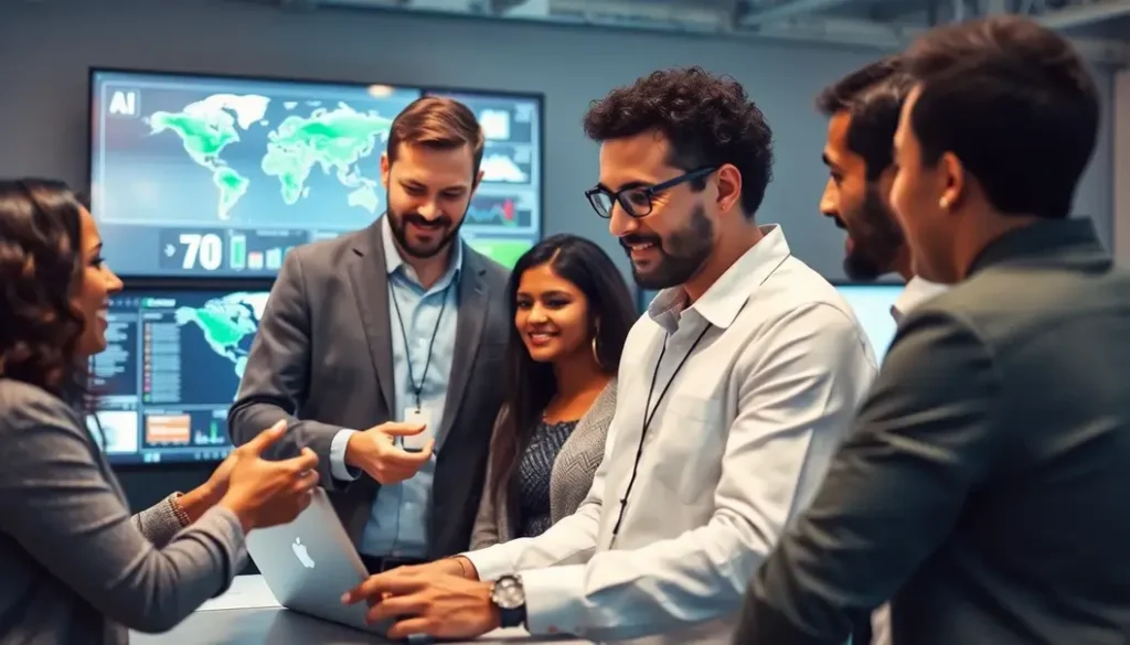 A diverse group of entrepreneurs working together, utilizing AI for supply chain solutions.