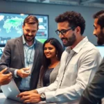 A diverse group of entrepreneurs working together, utilizing AI for supply chain solutions.