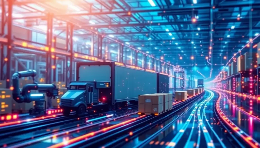 Futuristic portrayal of supply chain management powered by AI technologies.
