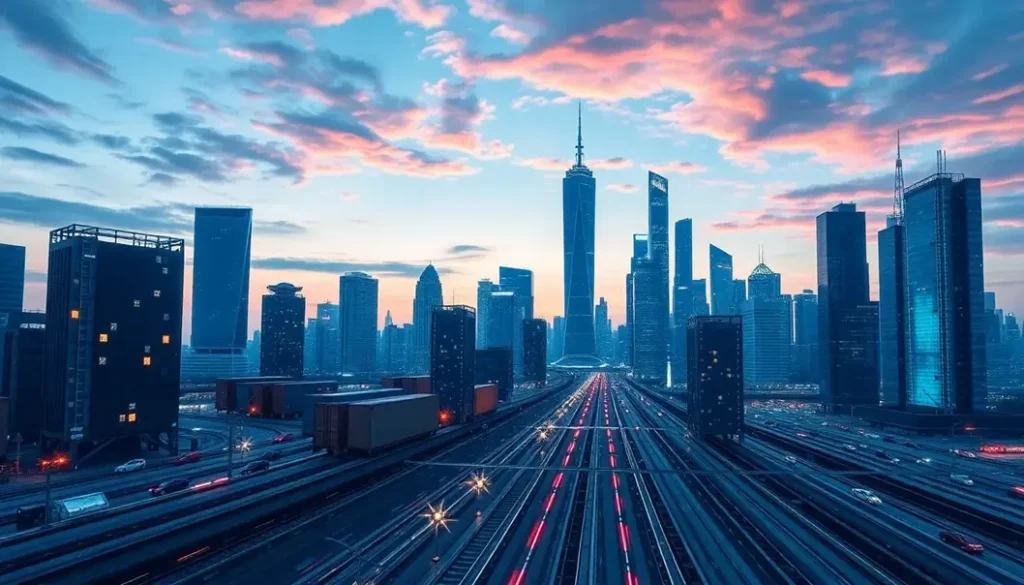 A futuristic view of a city representing the integration of AI in supply chain systems.