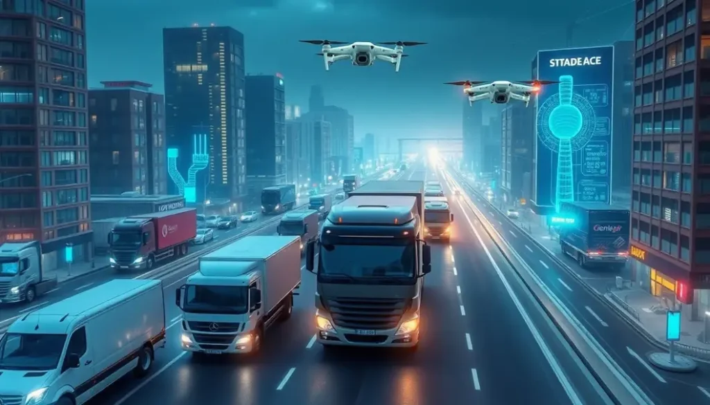 A futuristic cityscape showing interconnected AI-powered supply chains with vehicles and drones.