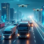 A futuristic cityscape showing interconnected AI-powered supply chains with vehicles and drones.