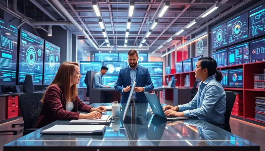A team of designers and analysts using advanced AI tools in a modern supply chain environment.
