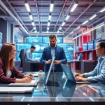 A team of designers and analysts using advanced AI tools in a modern supply chain environment.