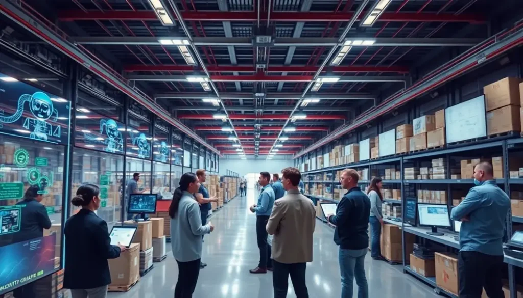 Futuristic supply chain hub illustrating technological advancements and teamwork.